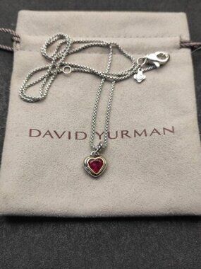 David Yurman 925 Silver & Gold Ruby Heart Necklace with Original Pouch